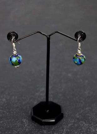 Handmade Single Bead Blue Pottery Earrings (Blue & Green)