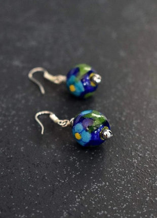 Handmade Single Bead Blue Pottery Earrings (Blue & Green)