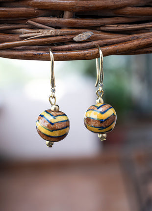 Handmade Single Bead Blue Pottery Earrings (Brown & Yellow)