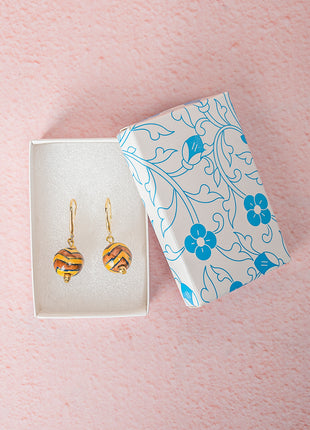 Handmade Single Bead Blue Pottery Earrings (Brown & Yellow)