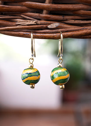 Handmade Single Bead Blue Pottery Earrings (Yellow & Green)