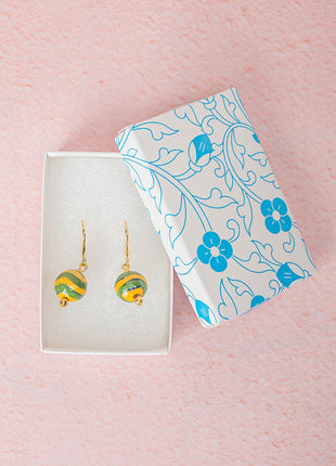 Handmade Single Bead Blue Pottery Earrings (Yellow & Green)