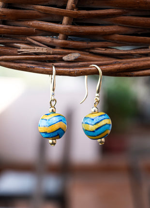 Handmade Single Bead Blue Pottery Earrings (Turquoise & Yellow)