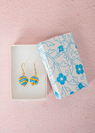 Handmade Single Bead Blue Pottery Earrings (Turquoise & Yellow)