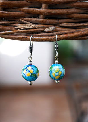 Handmade Single Bead Blue Pottery Earrings (Turquoise with Yellow Flower)