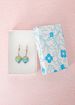 Handmade Single Bead Blue Pottery Earrings (Turquoise with Yellow Flower)