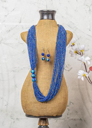 Handmade Blue Pottery Five Bead Necklace with Earrings(Blue)