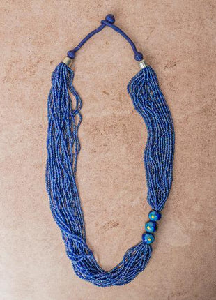 Handmade Blue Pottery Five Bead Necklace with Earrings(Blue)