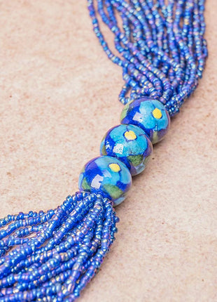 Handmade Blue Pottery Five Bead Necklace with Earrings(Blue)