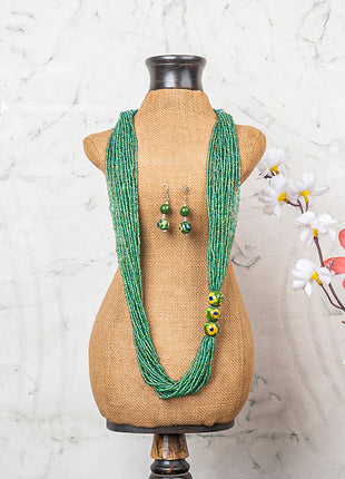 Handmade Green Color Blue Pottery Three Bead Side Necklace with Earrings