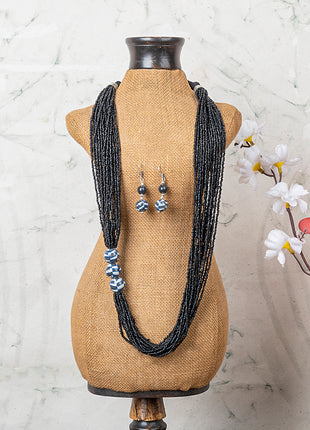 Handmade Black Color Blue Pottery Three Bead Side Necklace with Earrings