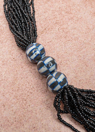 Handmade Black Color Blue Pottery Three Bead Side Necklace with Earrings