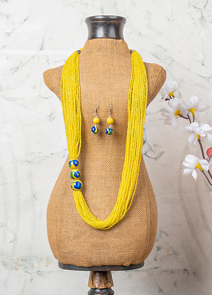 Handmade Yellow Color Blue Pottery Three Bead Side Necklace with Earrings