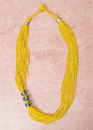 Handmade Yellow Color Blue Pottery Three Bead Side Necklace with Earrings