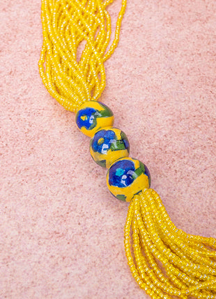 Handmade Yellow Color Blue Pottery Three Bead Side Necklace with Earrings