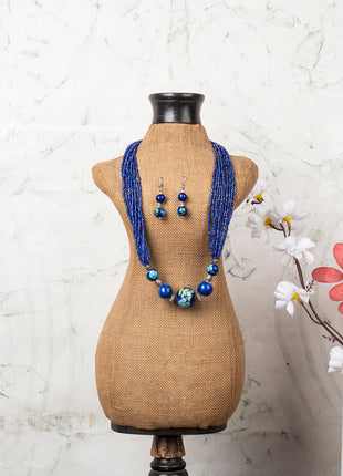 Handmade Blue Color Blue Pottery Three Bead Side Necklace with Earrings