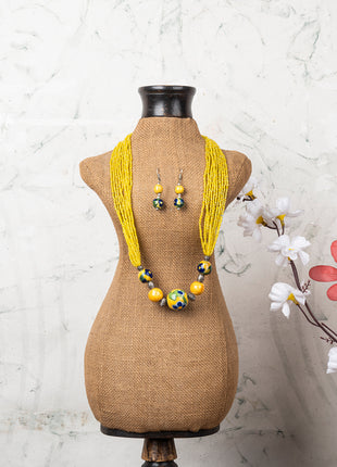 Handmade Blue Pottery Five Bead Necklace with Earrings (Yellow)