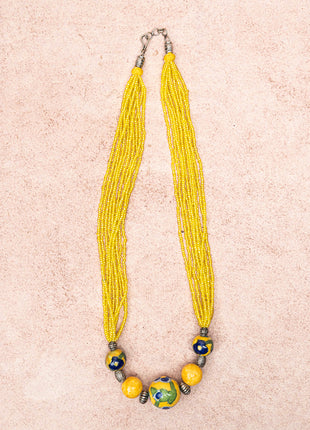 Handmade Blue Pottery Five Bead Necklace with Earrings (Yellow)