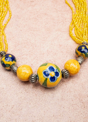 Handmade Blue Pottery Five Bead Necklace with Earrings (Yellow)