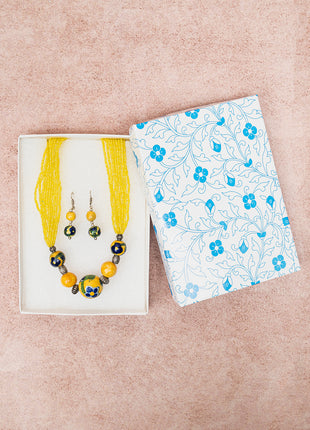 Handmade Blue Pottery Five Bead Necklace with Earrings (Yellow)