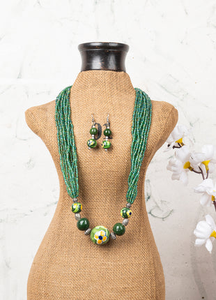 Handmade Blue Pottery Five Bead Necklace with Earrings(Green)