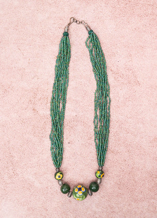 Handmade Blue Pottery Five Bead Necklace with Earrings(Green)