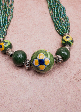 Handmade Blue Pottery Five Bead Necklace with Earrings(Green)