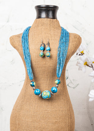 Handmade Blue Pottery Five Bead Necklace with Earrings (Turquoise)