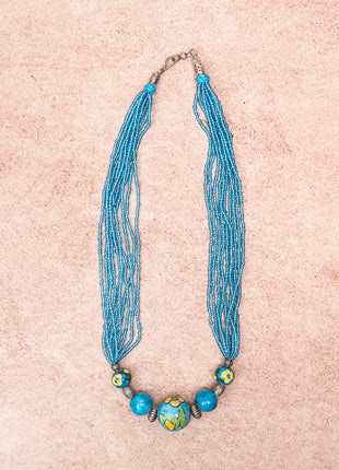 Handmade Blue Pottery Five Bead Necklace with Earrings (Turquoise)