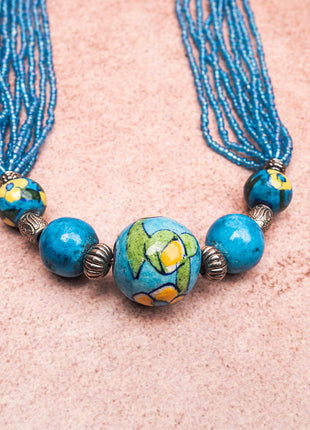 Handmade Blue Pottery Five Bead Necklace with Earrings (Turquoise)