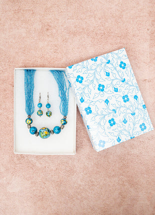 Handmade Blue Pottery Five Bead Necklace with Earrings (Turquoise)