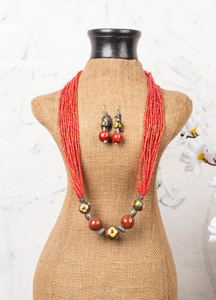 Handmade Blue Pottery Five Bead Necklace with Earrings(Red)