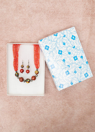 Handmade Blue Pottery Five Bead Necklace with Earrings(Red)