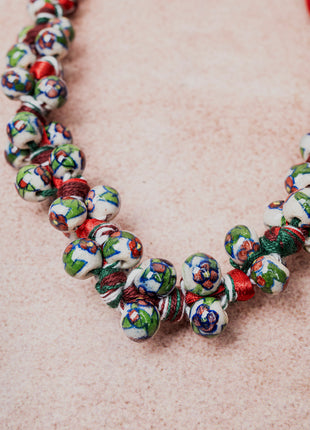 Blue Pottery Knot Necklace Red With Green Flower