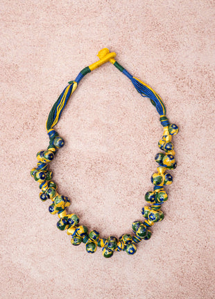 Blue Pottery Knot Necklace Yellow With Blue Flower