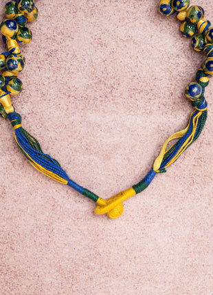 Blue Pottery Knot Necklace Yellow With Blue Flower