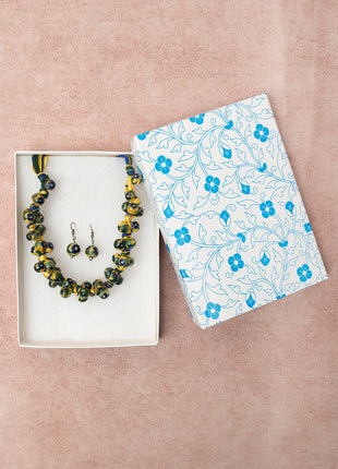 Blue Pottery Knot Necklace Yellow With Blue Flower