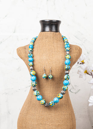 Full Blue Pottery Bead Long Necklace (Turquoise)