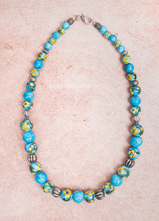 Full Blue Pottery Bead Long Necklace (Turquoise)