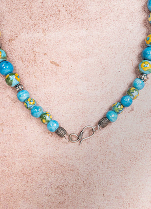 Full Blue Pottery Bead Long Necklace (Turquoise)