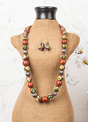 Full Blue Pottery Bead Long Necklace (Red)