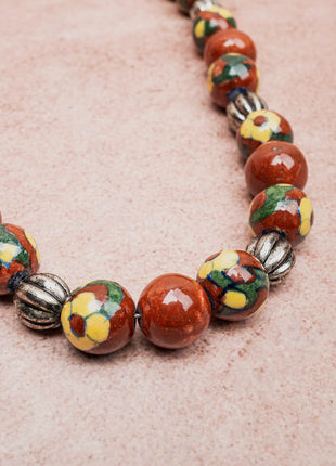 Full Blue Pottery Bead Long Necklace (Red)