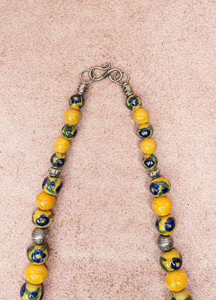 Full Blue Pottery Bead Long Necklace (Yellow)