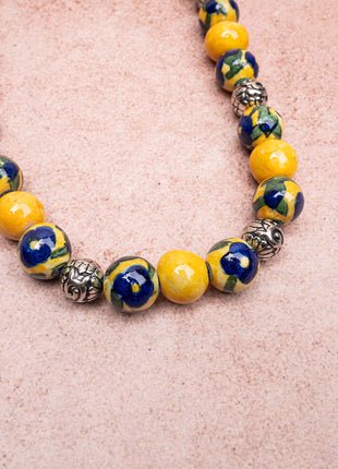 Full Blue Pottery Bead Long Necklace (Yellow)