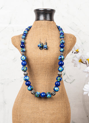 Full Blue Pottery Bead Long Necklace (Blue)