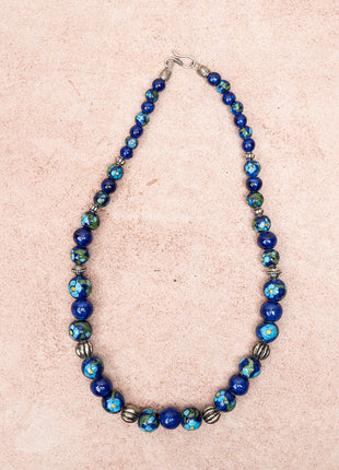 Full Blue Pottery Bead Long Necklace (Blue)