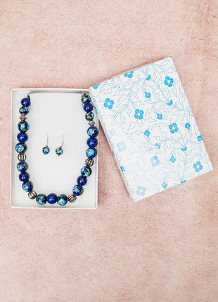 Full Blue Pottery Bead Long Necklace (Blue)