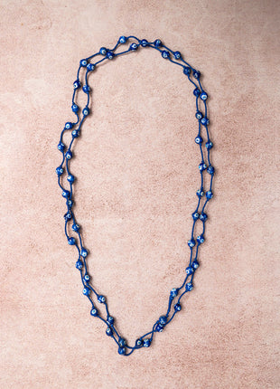 Handmade Blue Pottery Bead Evil Eye Long Necklace(Blue)