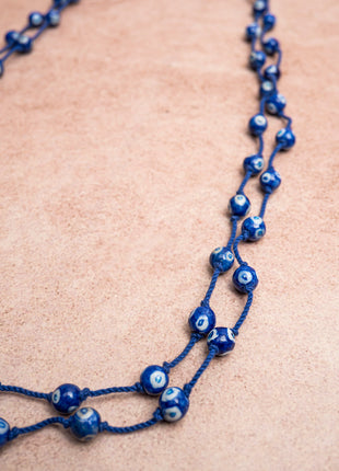 Handmade Blue Pottery Bead Evil Eye Long Necklace(Blue)