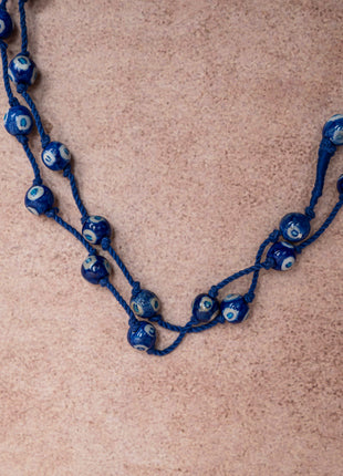 Handmade Blue Pottery Bead Evil Eye Long Necklace(Blue)